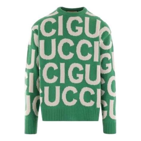 Wool sweater with Gucci intarsia in green and ivory 